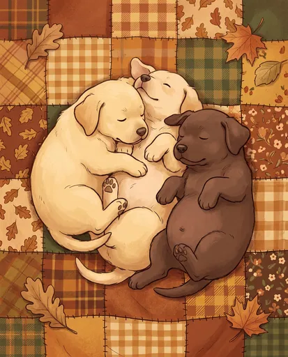 Three Cartoon Puppies Sleeping on Autumn Quilt