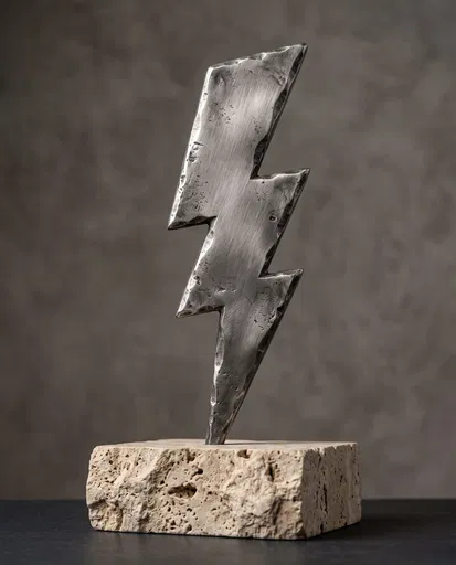 Pewter Lightning Bolt Sculpture on Stone Base