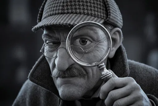 Monochrome Detective Peering Through Magnifying Glass