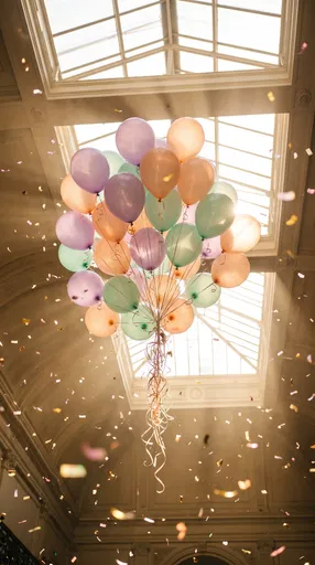 Pastel Balloons Floating Under Sunlit Skylight