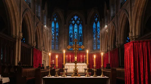 Brass Altar Cross and Candles in Church