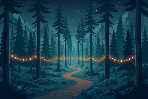 Night Pine Forest With Glowing Lanterns
