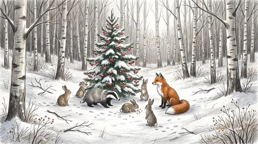 Woodland Animals Around Winter Berry Pine Tree