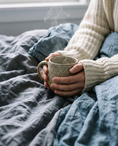 Hands Holding Steaming Mug in Bed