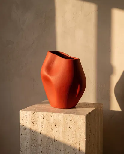 Sculptural Vermilion Vase on Travertine Plinth