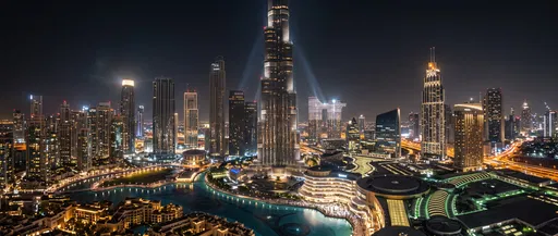 Wide Night Panorama of Dubai Skyline