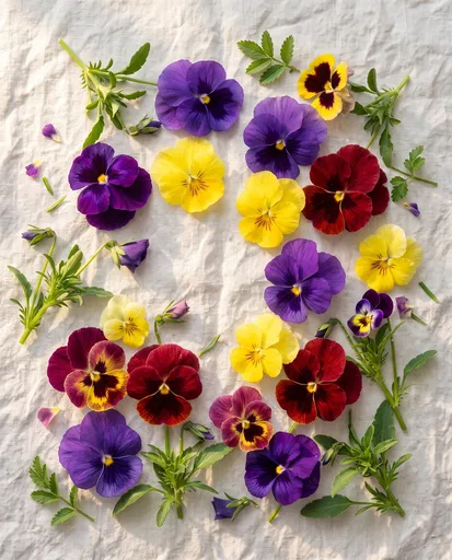 Multicolor Pansy Blossoms Flat Lay on Linen