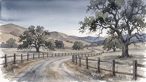 Watercolor Country Road with Oak Trees
