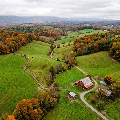 Aerial View of Autumn Farmland and Barn
