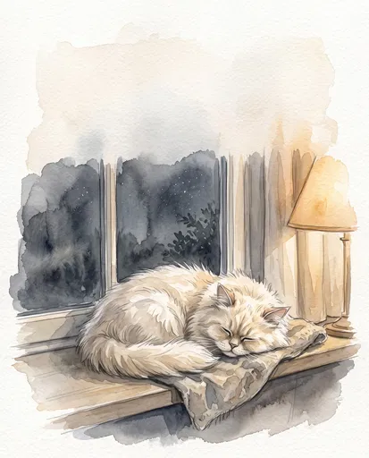 Watercolor Sleeping Cat on Night Window Ledge