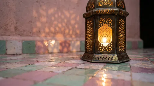 Glowing Moroccan Brass Lantern on Pastel Tiles