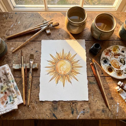 Watercolor Sun Drawing on Artist Desk