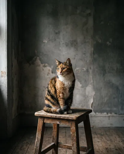 Calico Cat Sitting on Wooden Stool