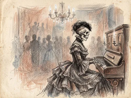 Victorian Skeleton Playing Upright Piano