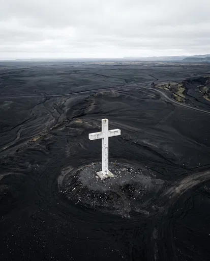 White Concrete Cross on Volcanic Black Sand
