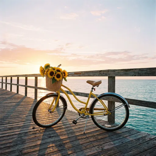 Yellow Bicycle With Sunflowers on Coastal Pier