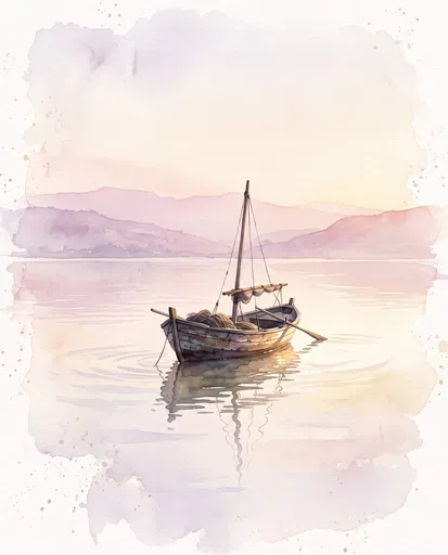 Pastel Watercolor Wooden Fishing Boat
