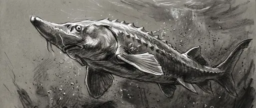 Charcoal Sketch of Swimming Sturgeon