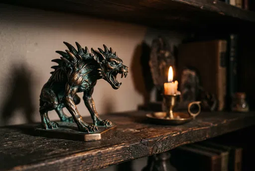 Bronze Chupacabra Statuette on Wooden Shelf
