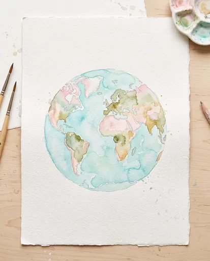 Pastel Watercolor Earth Painting Flat Lay