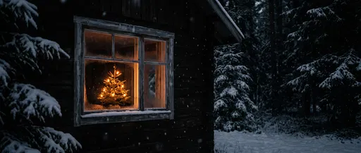 Glowing Christmas Tree in Cabin Window