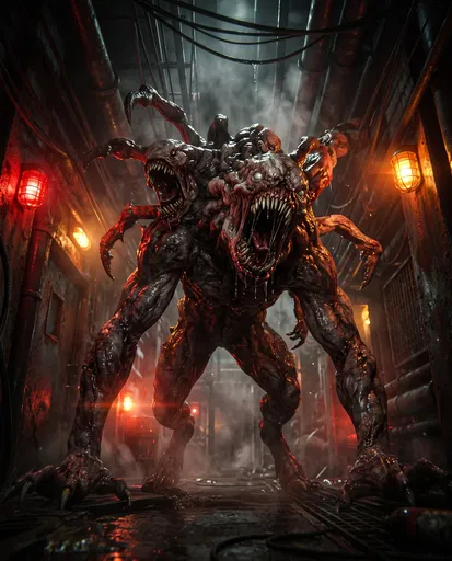 Mutated Horror Beast in Industrial Corridor