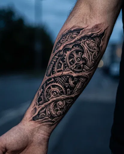 Biomechanical Clockwork Forearm Tattoo Close-Up