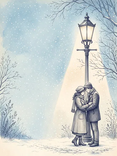 Couple Embracing Under Snowy Streetlamp Illustration