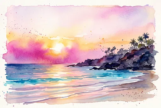 Watercolor Tropical Beach Sunset Illustration