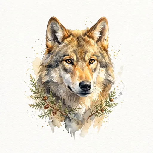 Watercolor Eurasian Wolf Portrait with Cedar