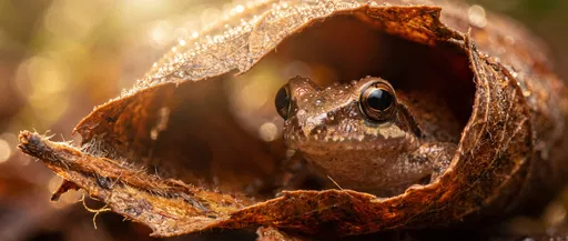 Tiny Frog Inside Curled Autumn Leaf