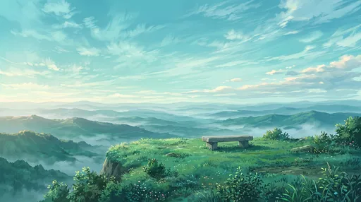 Anime Hilltop Stone Bench Overlooking Misty Valleys
