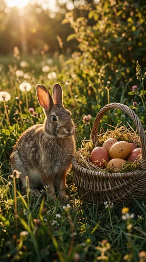 Wild Rabbit Beside Basket of Easter Eggs