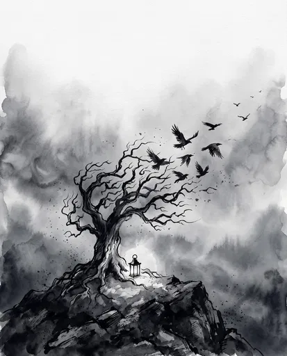 Monochrome Watercolor Tree With Ravens and Lantern