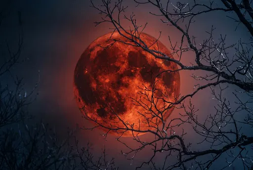 Red Blood Moon Behind Bare Branches