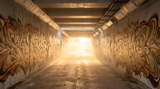 Golden Sunrise Through Graffiti Pedestrian Tunnel