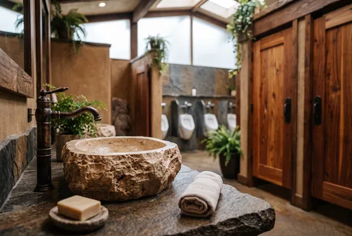 Rustic Spa Restroom With Stone Sink