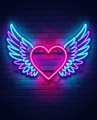 Glowing Neon Winged Heart on Brick Wall