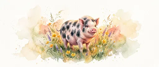 Watercolor Spotted Pig in Wildflower Meadow