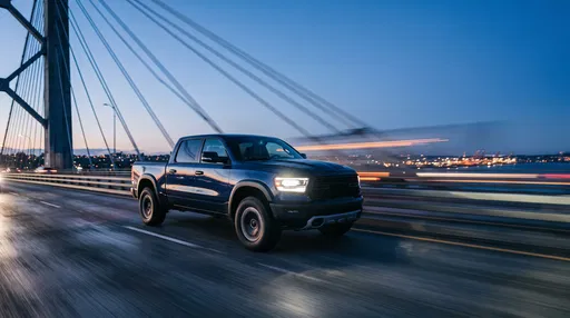 Navy Pickup Truck Driving on Bridge