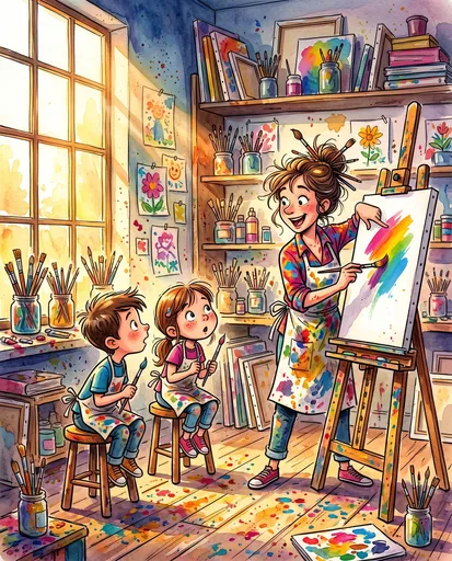 Art Teacher Demonstrating Painting to Two Students