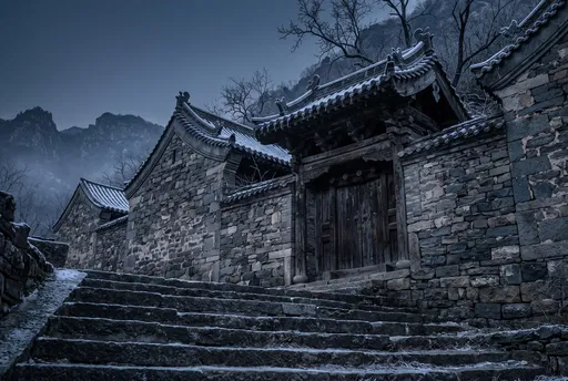 Ancient Chinese Stone Courtyard in Winter