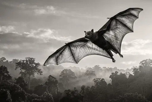 Monochrome Flying Fox Over Misty Jungle