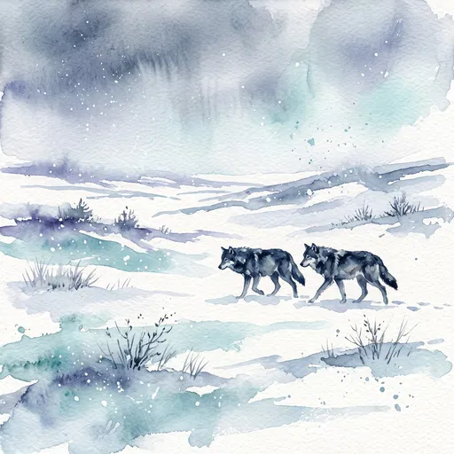 Watercolor Wolves Walking Across Snowy Tundra