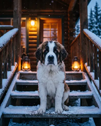 Saint Bernard Puppy on Snowy Cabin Steps