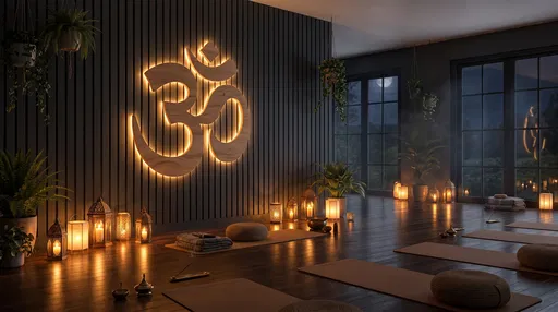 Backlit Wooden Om Symbol in Yoga Studio