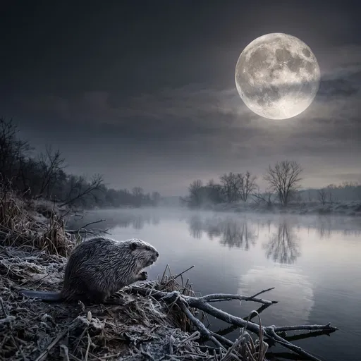 Beaver on Frosted Riverbank Under Full Moon