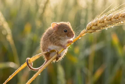 Harvest Mouse on Dewy Wheat Stalk