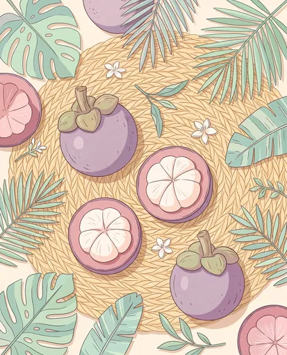 Pastel Mangosteen and Tropical Leaves Illustration