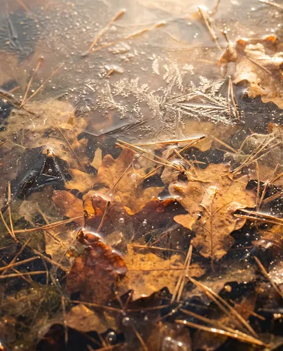 Oak Leaves Frozen Under Lake Ice